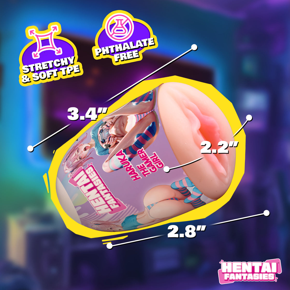 Haruka the Gamer Girl Pussy Egg Masturbator packaging showing dimensions and features like stretchy and soft TPE.