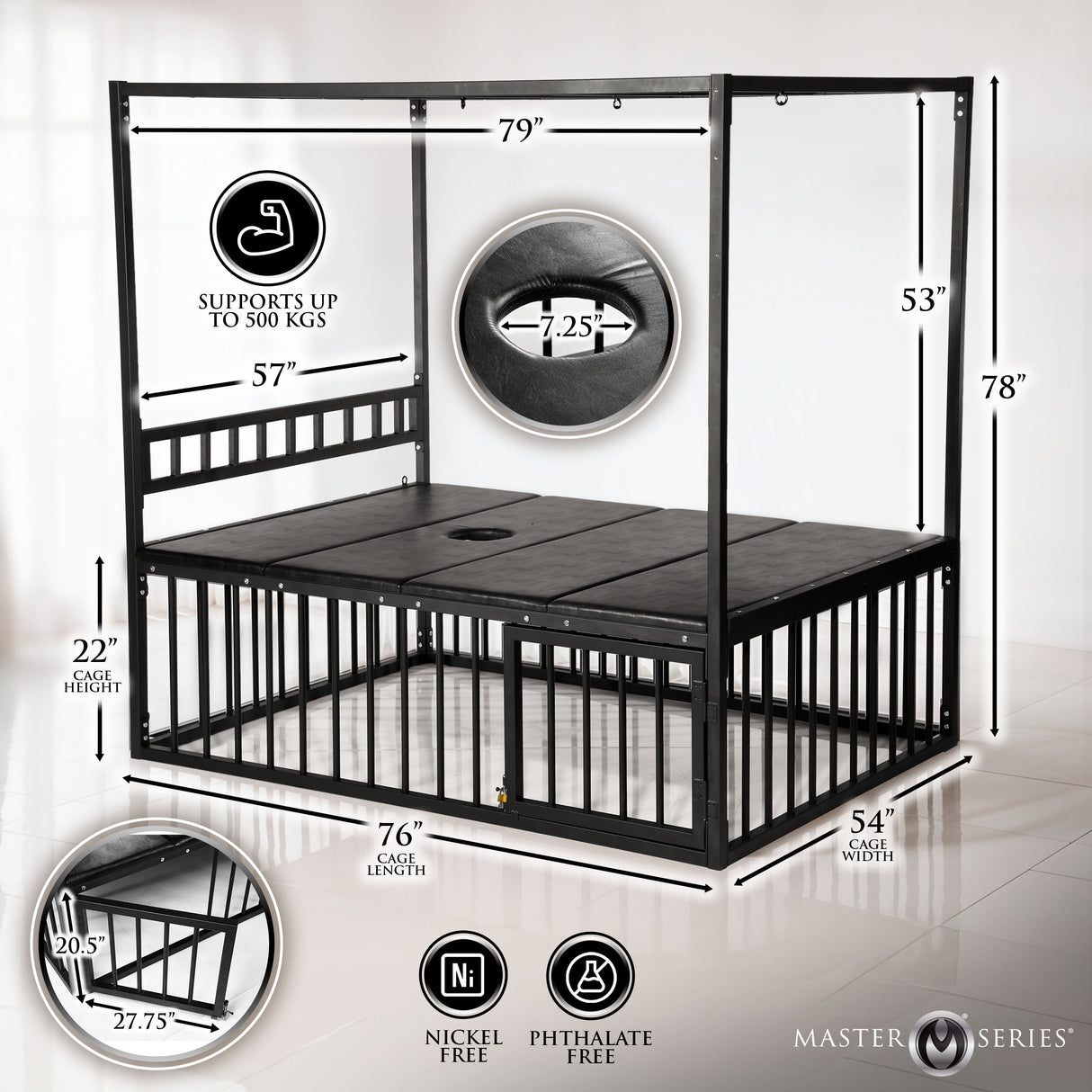 Master Series Bondage Bed with Cage features 79" long, heavy-duty black steel with multiple anchor points for bondage.