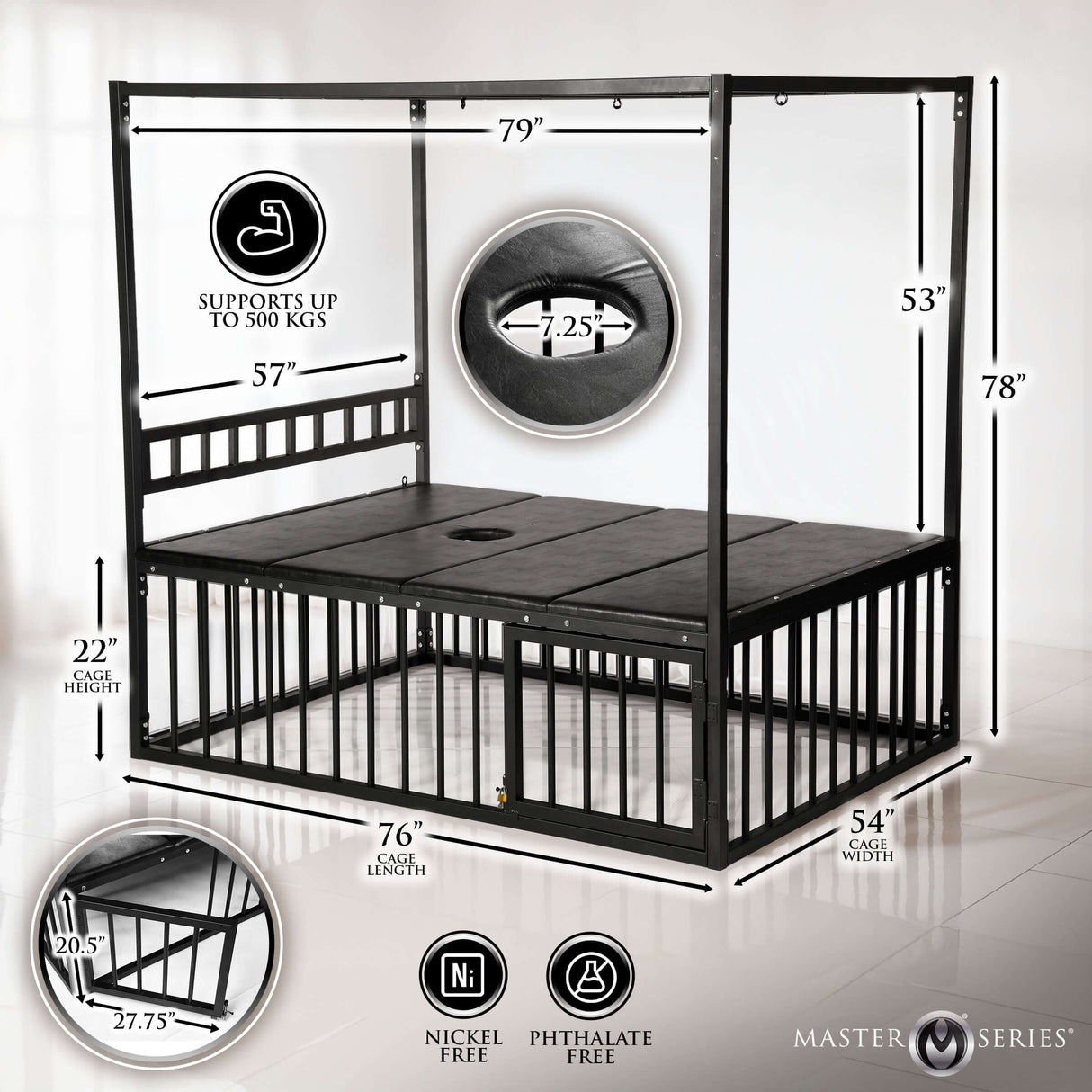 Master Series Bondage Bed with Cage features 79" long, heavy-duty black steel with multiple anchor points for bondage.