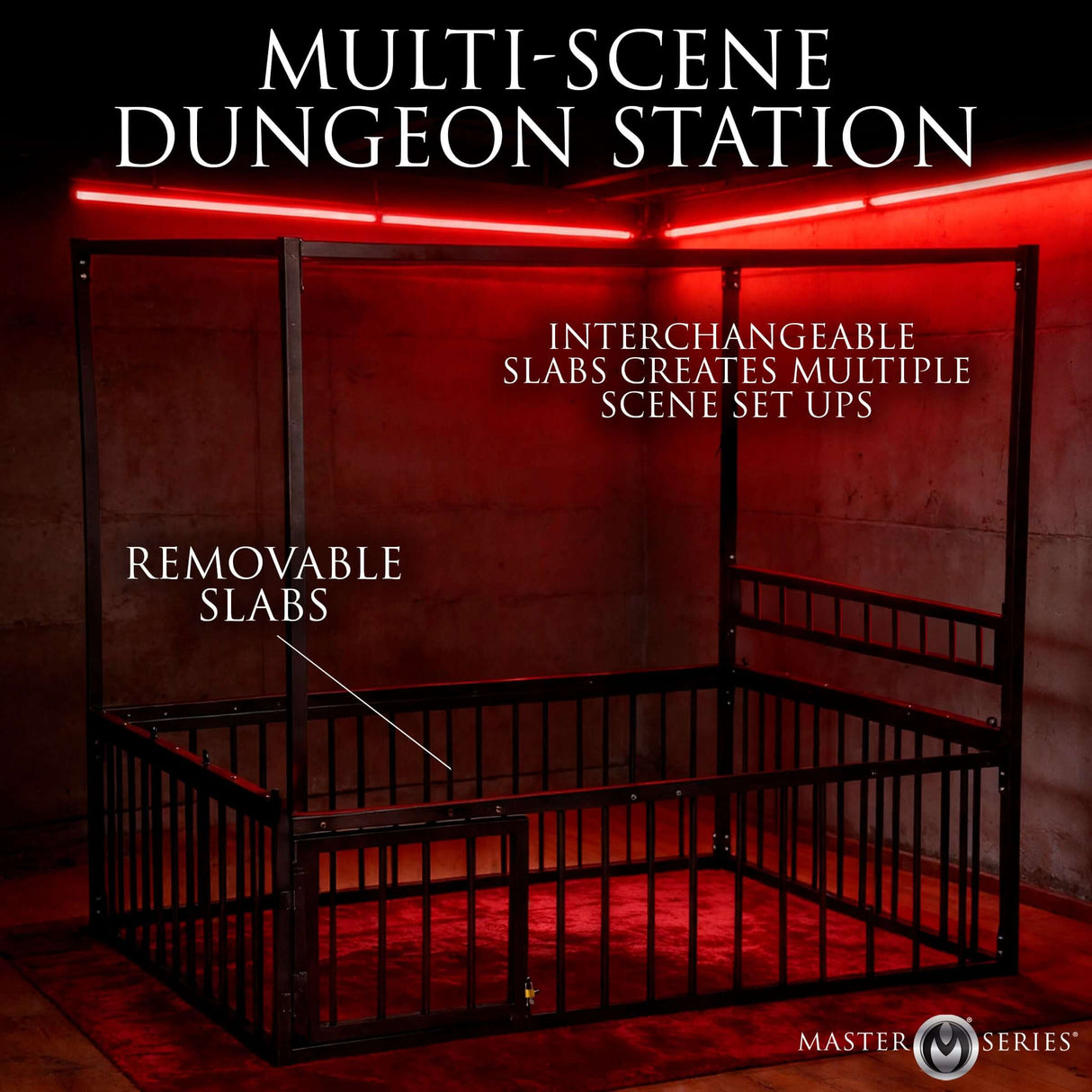 Master Series Bondage Bed with Cage featuring removable slabs for versatile scene setups.