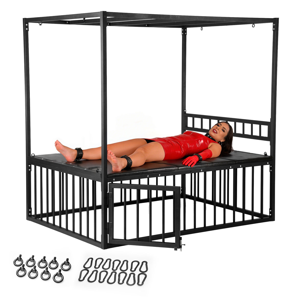 Master Series Bondage Bed with Cage featuring a model in a red outfit secured on the bed with various anchor points visible.