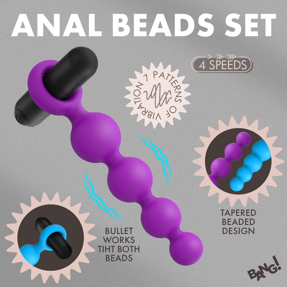 Bang Vibrating Silicone Anal Beads Set with Remote featuring tapered beaded design and vibrating bullet control.