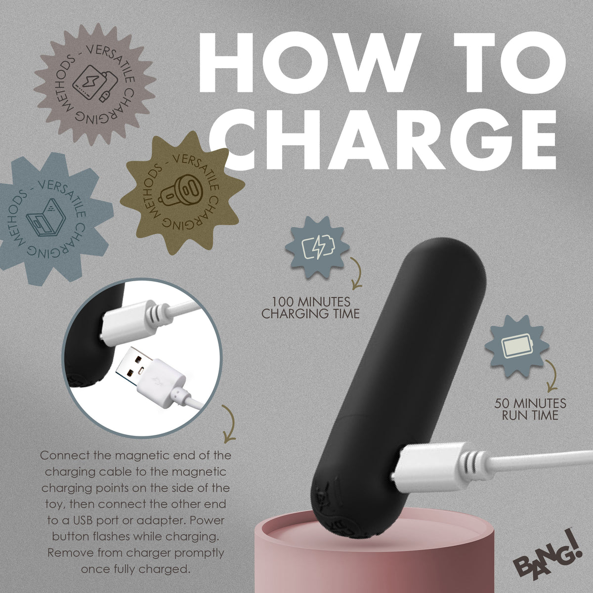 How to charge the Bang Vibrating Silicone Anal Beads Set with Remote, featuring instructions and charging time.