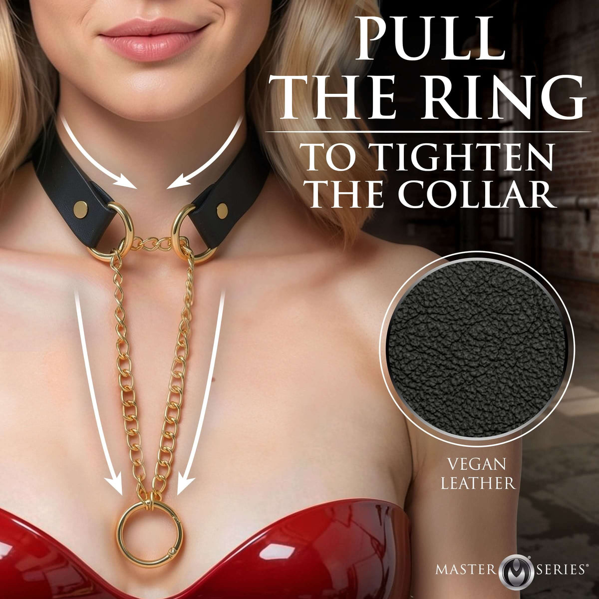 Master Series Halo Desire O-Ring Collar Black featuring gold curb chains and vegan leather design.