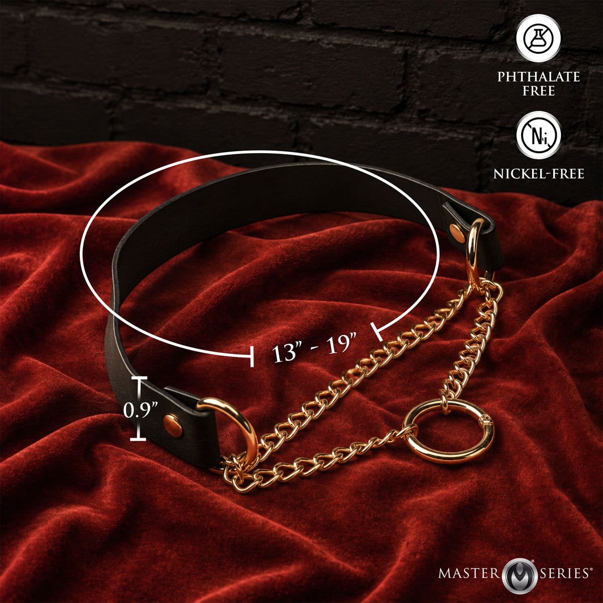 Master Series Halo Desire O-Ring Collar Black on red velvet, showing gold chain and size measurements.