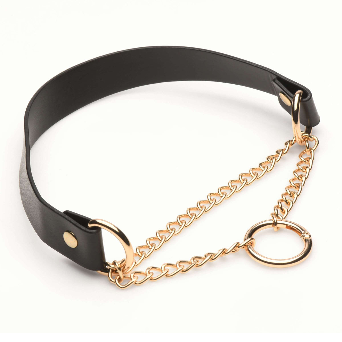 Master Series Halo Desire O-Ring Collar Black featuring a black leather strap and gold curb chains.