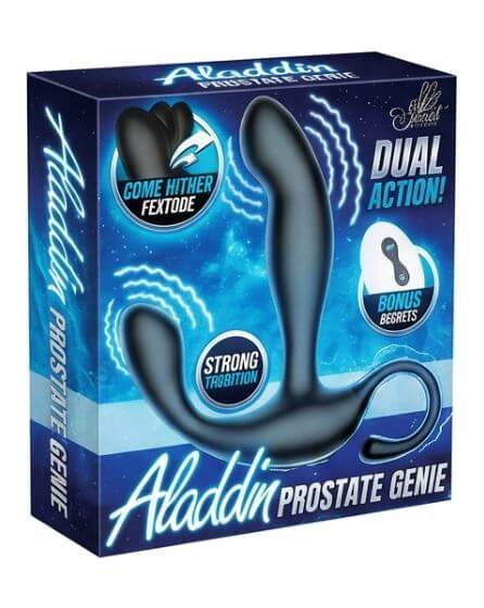 Aladdin Prostate Genie Massager packaging showcasing dual action design and features like strong tabulation and bonus begets.