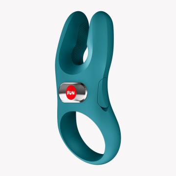 Fun Factory NOS Vibrating Cock Ring Green showcasing its sleek design and stimulation features with dual motors.