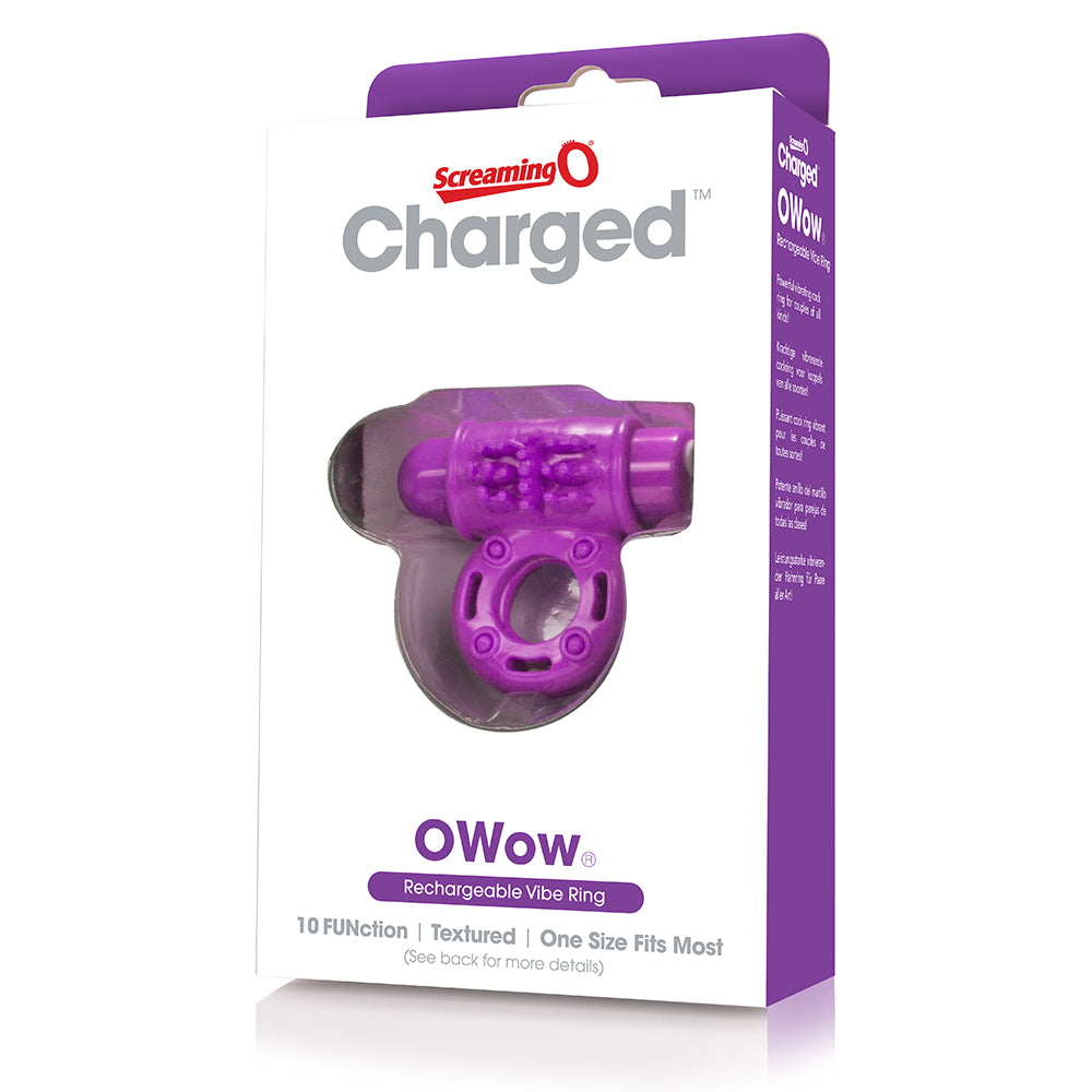 Screaming O Charged O Wow Vibrating Cock Ring Purple in packaging with features highlighted.