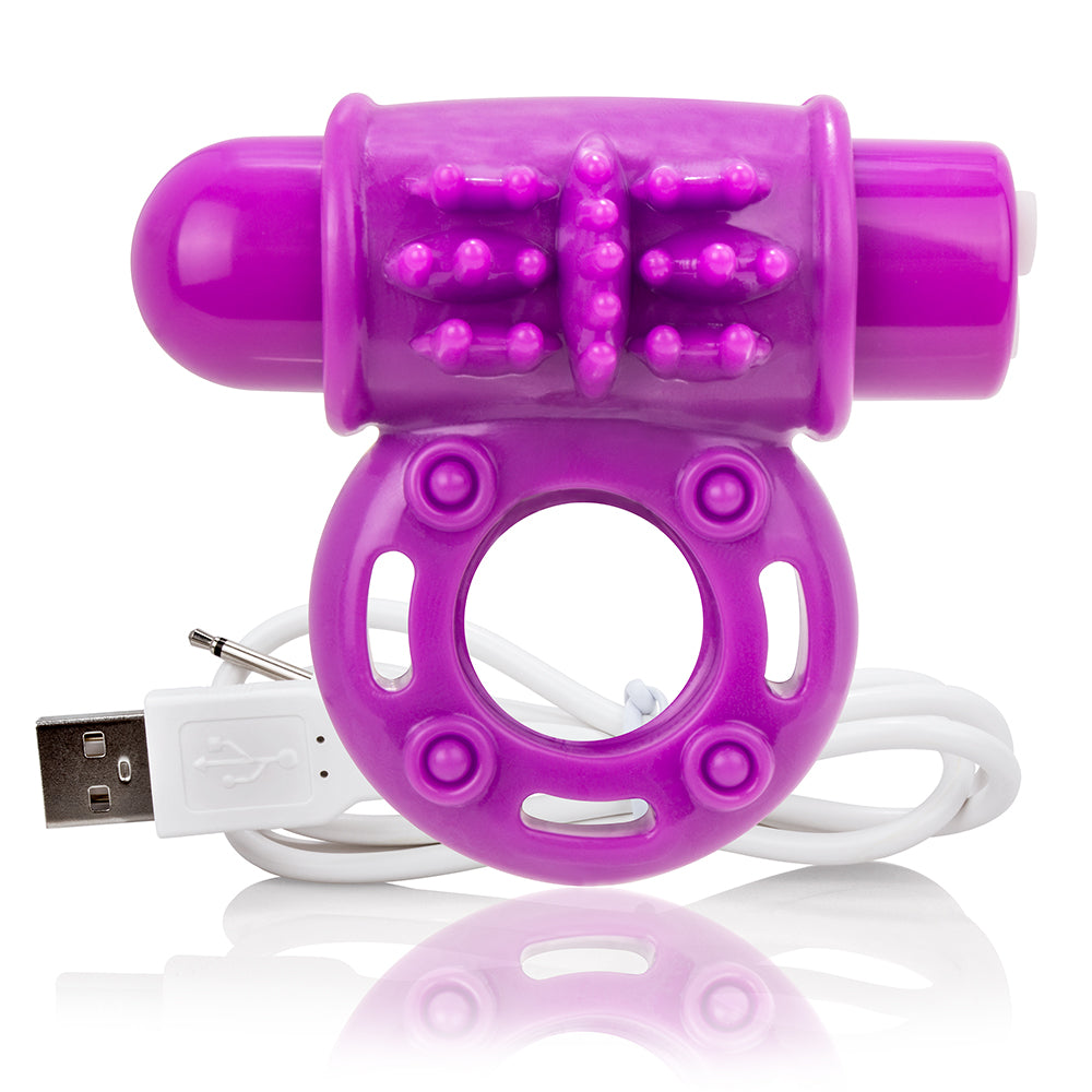 Screaming O Charged O Wow Vibrating Cock Ring Purple with USB charging cable for couples' pleasure.