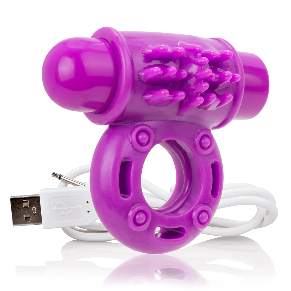 Screaming O Charged O Wow Vibrating Cock Ring Purple with USB charging cable for couples' pleasure.