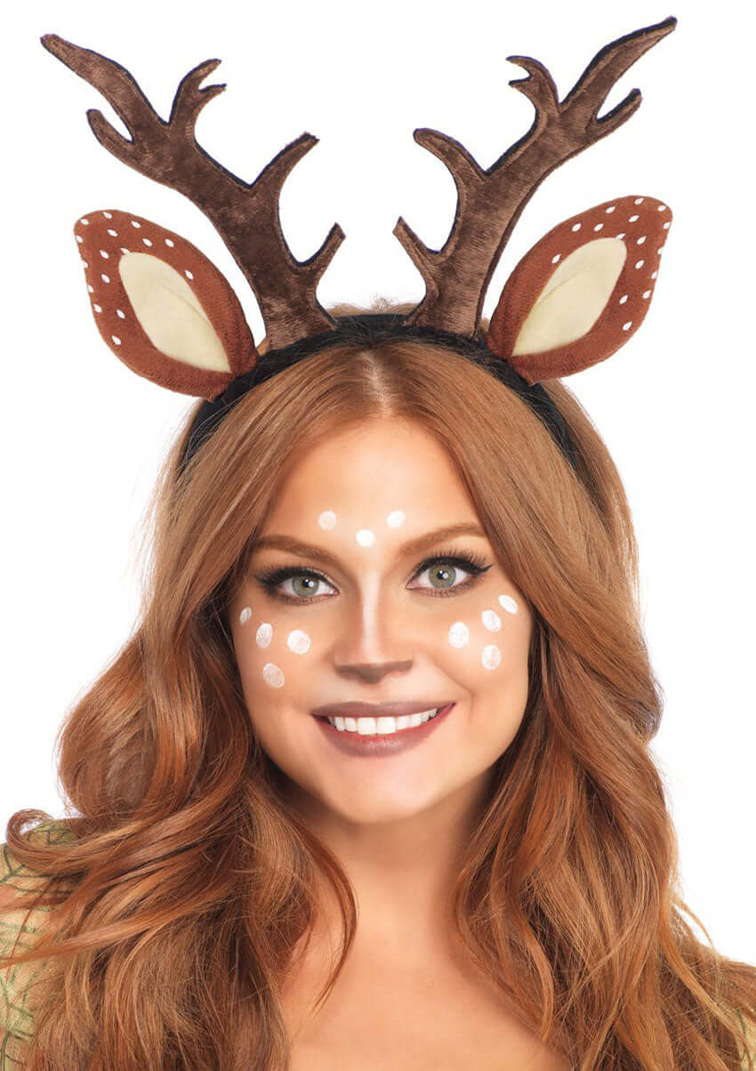 Leg Avenue Fawn Ear Antler Animal Costume Headband worn by a smiling woman with deer makeup and antlers.
