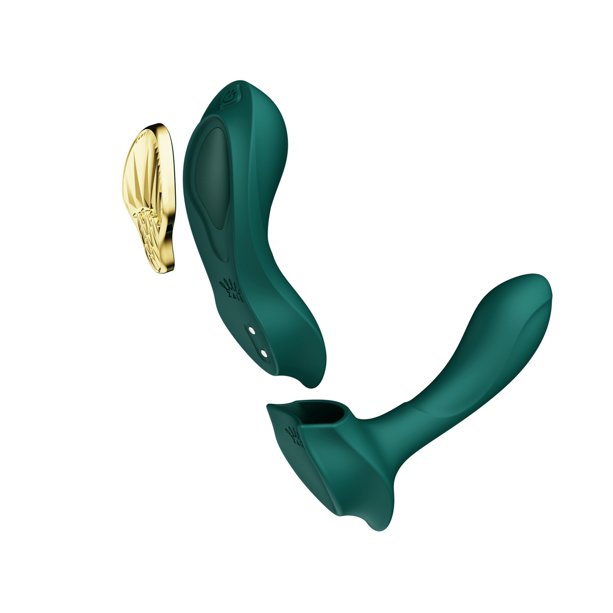 Turquoise green ZALO Aya wearable vibrator with removable silicone attachment and gold accessory for versatile external and internal stimulation.