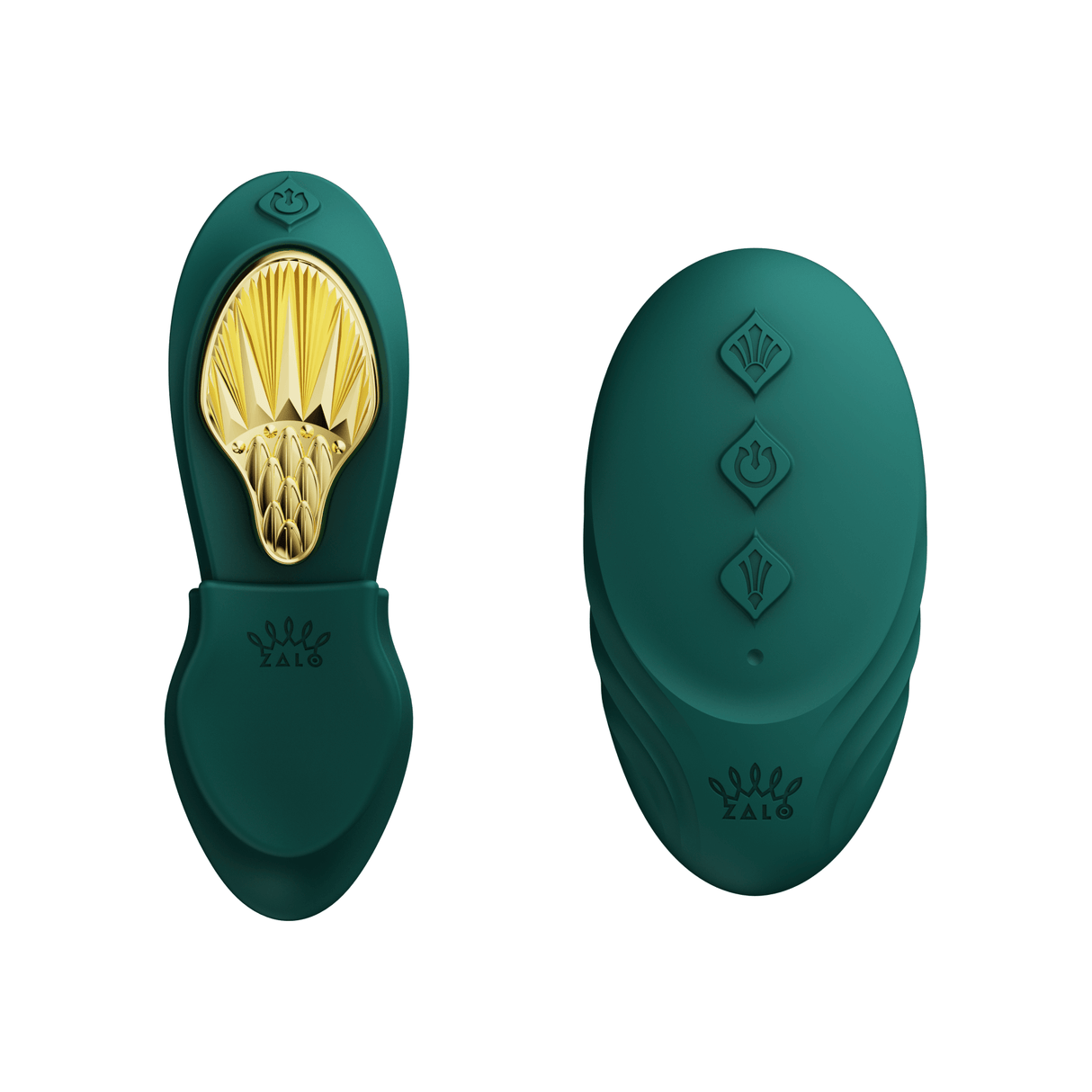 ZALO Aya Wearable Vibrator Turquoise Green showing front and back views from Legend Series, ergonomic design, and stylish details.