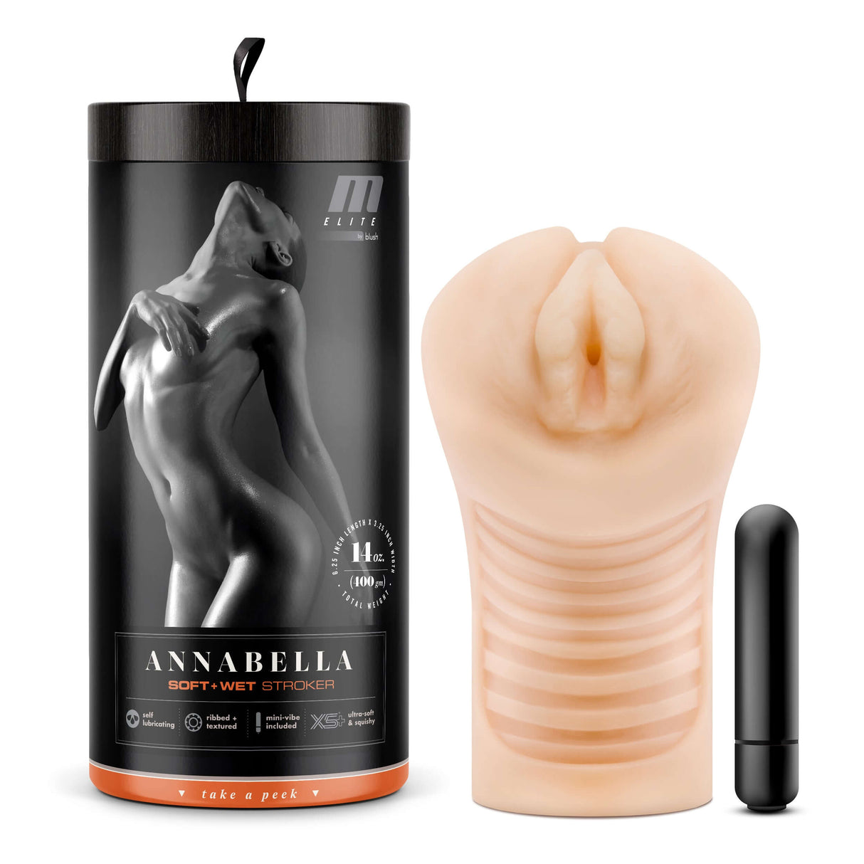 M Elite Soft and Wet Annabella Pussy Stroker Beige packaging and product with bullet vibrator for enhanced stimulation.