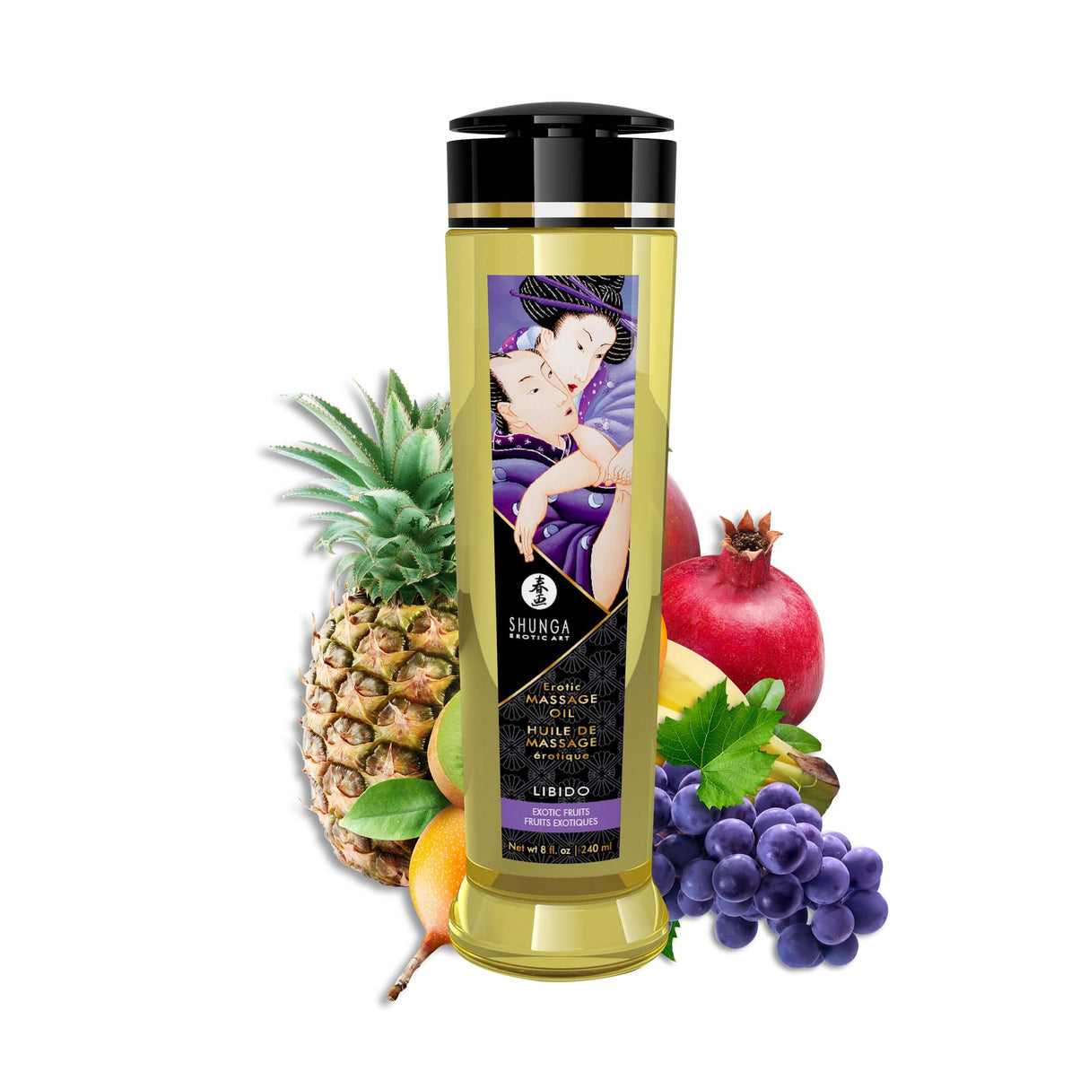 Shunga Massage Oils Libido Exotic Fruits 8 Oz bottle with exotic fruits like pineapple, pomegranate, and grapes, highlighting sensual massage.