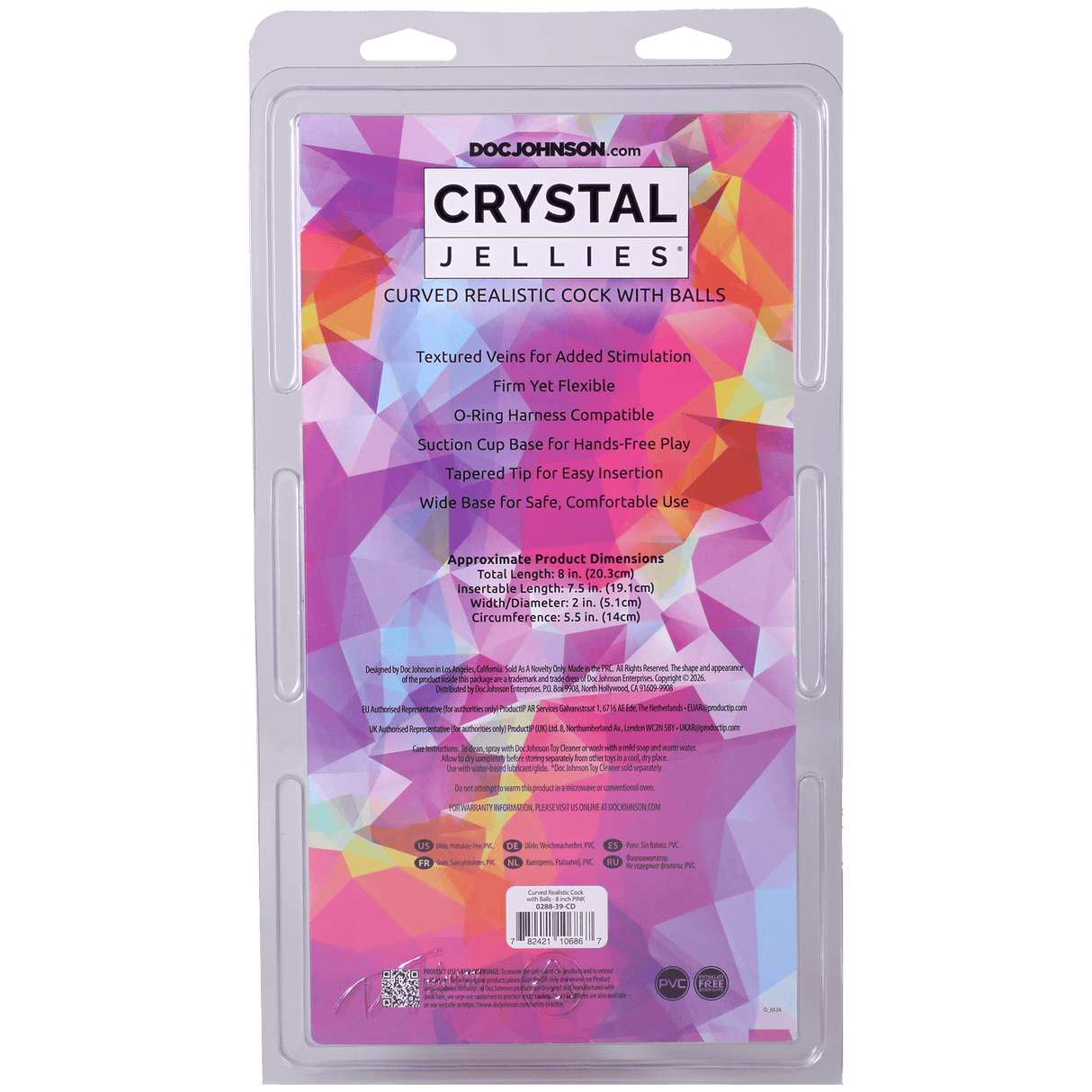 Crystal Jellies Curved Realistic Cock With Balls 8 Inch Pink packaging showing features and dimensions.