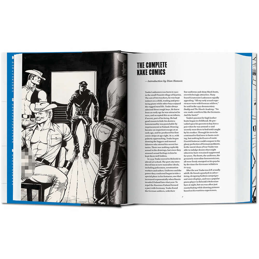 Tom of Finland The Complete Kake Comics open hardcover featuring illustrations of leather-clad characters.
