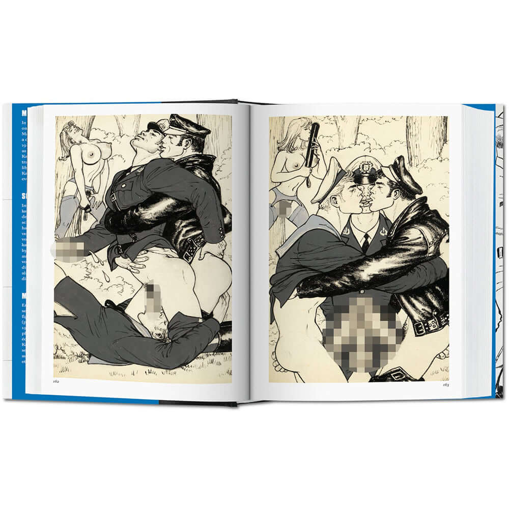 Open pages from Tom of Finland The Complete Kake Comics featuring illustrated scenes of male figures embracing.