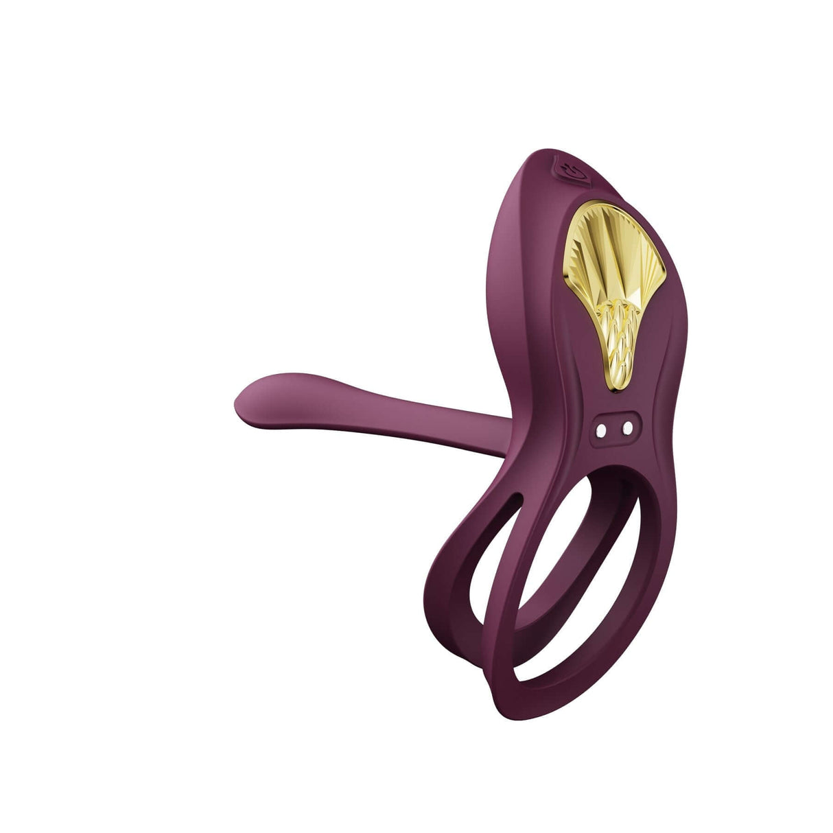 ZALO Bayek Vibrating Couples Ring in velvet purple with gold accents, featuring ergonomic design and sleek soft silicone for enhanced pleasure