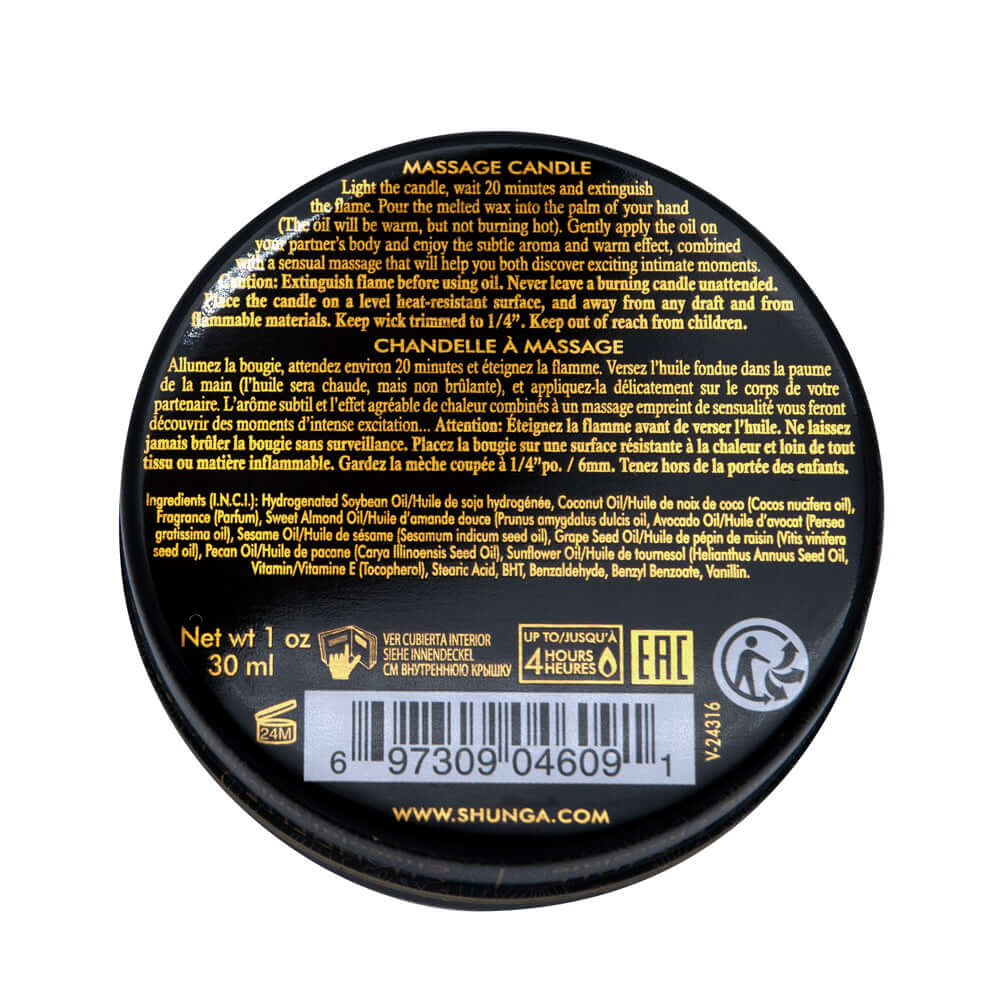 Shunga Mini Massage Candle Excitation Intoxicating Chocolate 1 Oz label instructions for use, ingredients, and warnings.
