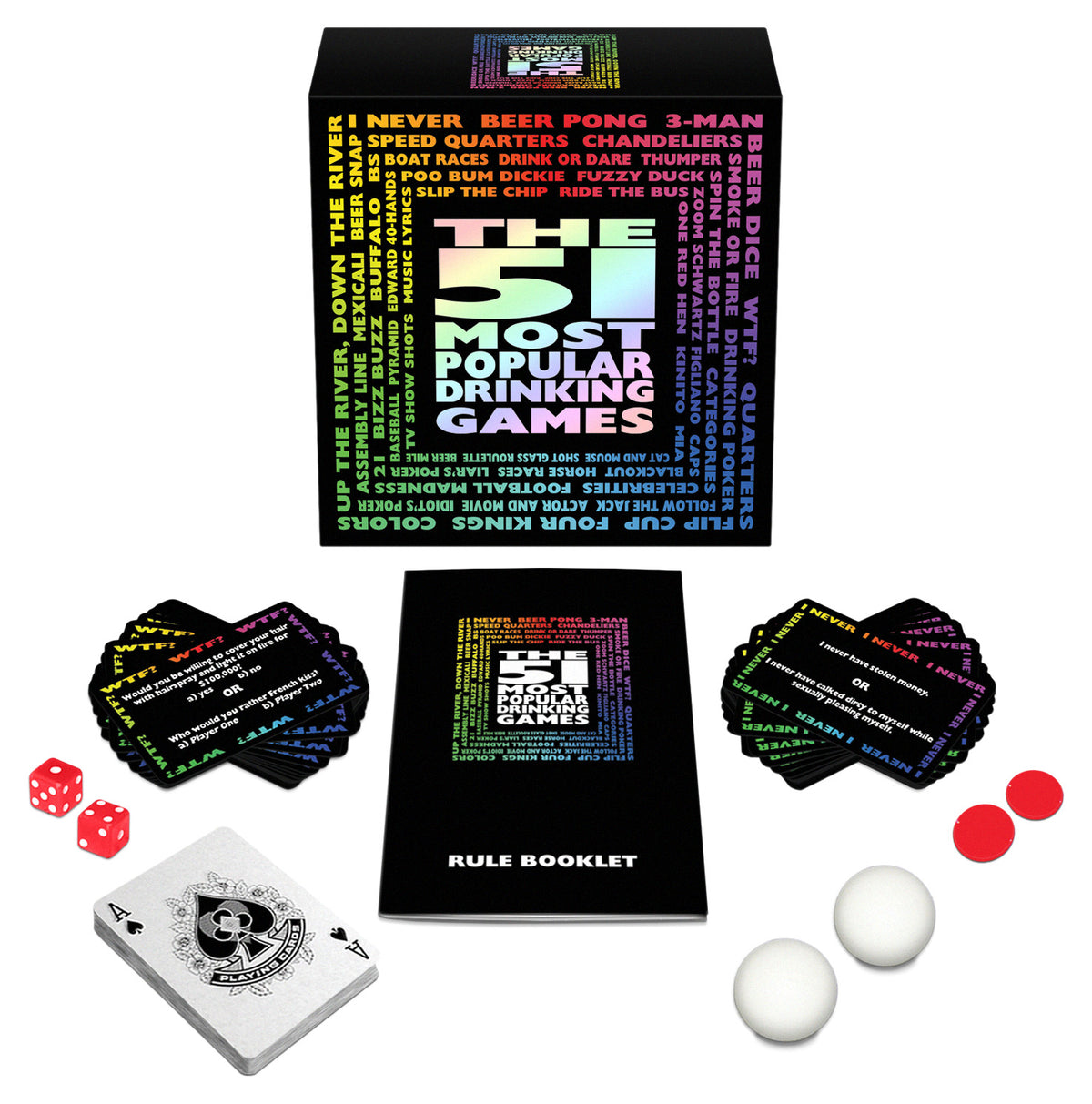 51 Most Popular Drinking Games boxed set including cards, dice, pong balls, and rule booklet for fun party activities.