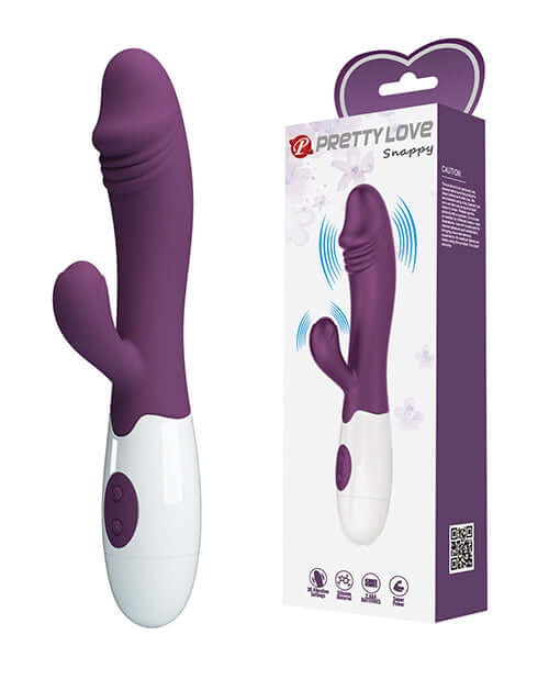Pretty Love Snappy Rabbit Purple vibrator with packaging showcasing its G-spot and clitoral stimulation features.