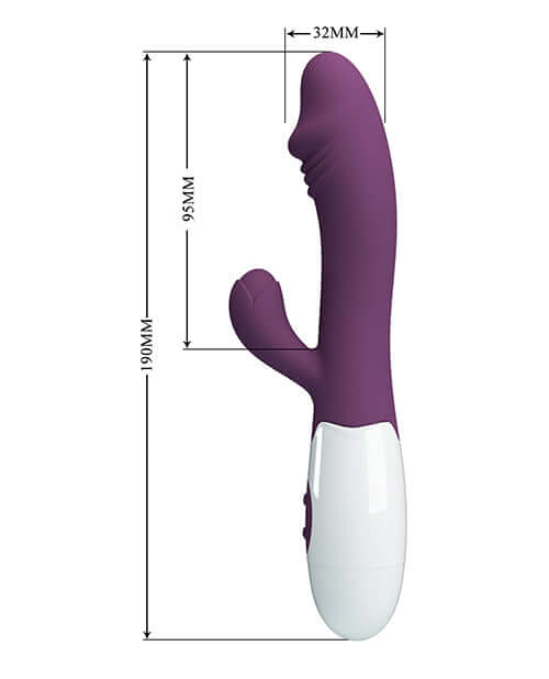 Image of Pretty Love Snappy Rabbit Purple showing dimensions and design features for G-spot and clitoral stimulation.