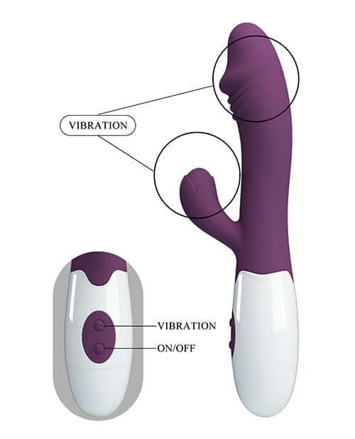 Pretty Love Snappy Rabbit Purple showing design with vibration controls and unique G-spot and clitoral stimulation features.