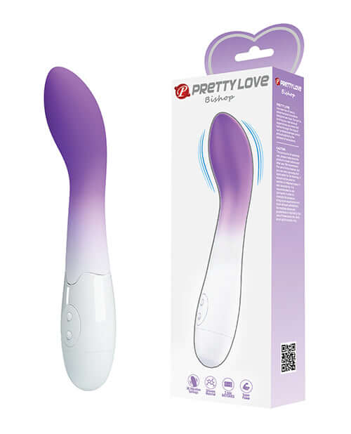 Pretty Love Bishop Vibrator Purple Ombre showing the product and packaging with a sleek design and G-spot stimulation features.