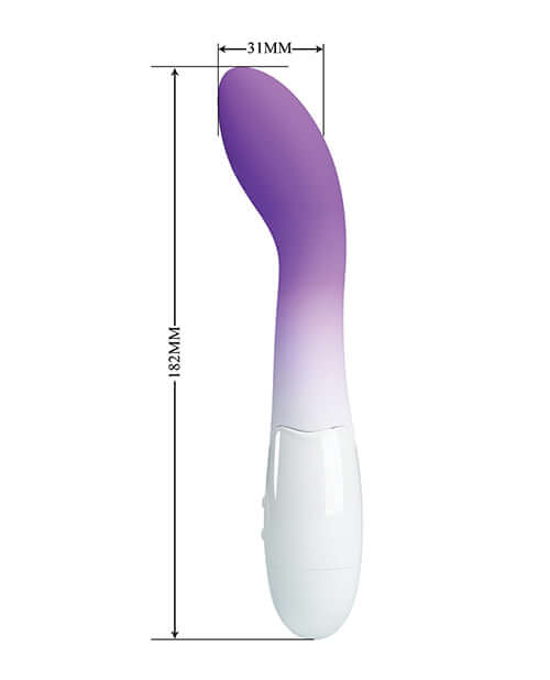 Pretty Love Bishop Vibrator Purple Ombre dimensions showing curved G-spot shape and gradient color design.