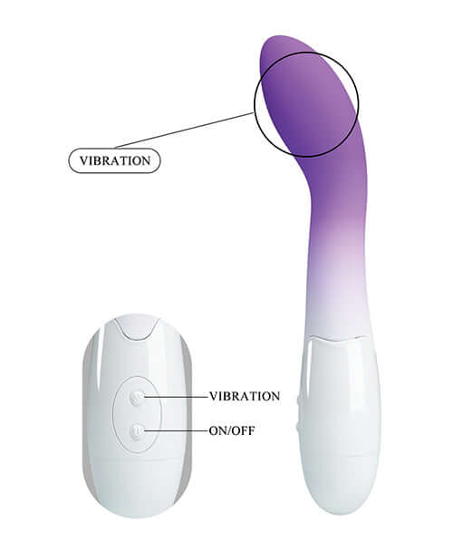 Pretty Love Bishop Vibrator Purple Ombre showing its curved design and remote control for vibration settings.