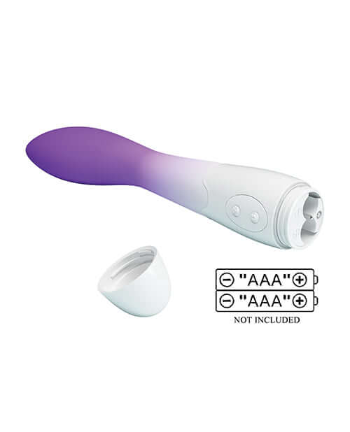 Pretty Love Bishop Vibrator Purple Ombre showing curved design, rounded head, and battery compartment.