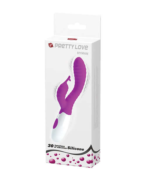 Pretty Love Hyman 30 Functions Rabbit Fuchsia packaging showcasing its curved design and soft-touch silicone.