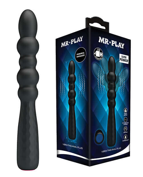 Pretty Love Mr Play Vibrating Anal Plug next to its packaging, showcasing its sleek design and powerful features.