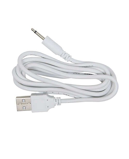 White USB charging cable for electronic devices with a 3.5mm audio jack.