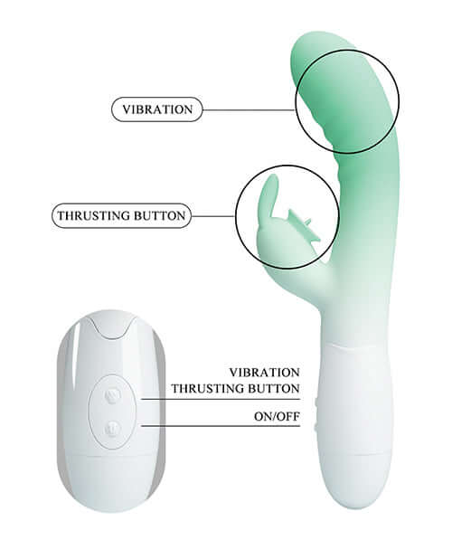 Image of Pretty Love Cerberus Licking Rabbit Aqua Ombre showing vibration and thrusting buttons for enhanced pleasure.