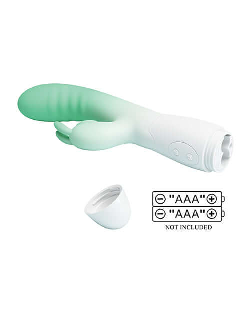 Pretty Love Cerberus Licking Rabbit Aqua Ombre vibrator with removable battery compartment, sleek design, and dual stimulation features.