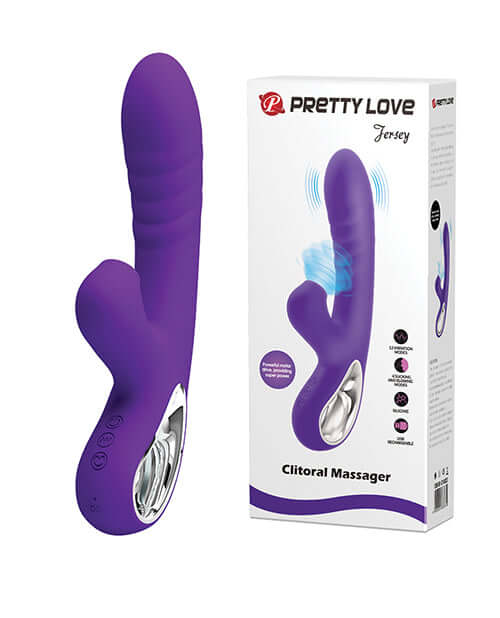 Pretty Love Jersey Sucking & Vibrating Rabbit Purple with box, designed for enhanced clitoral stimulation and pleasure.