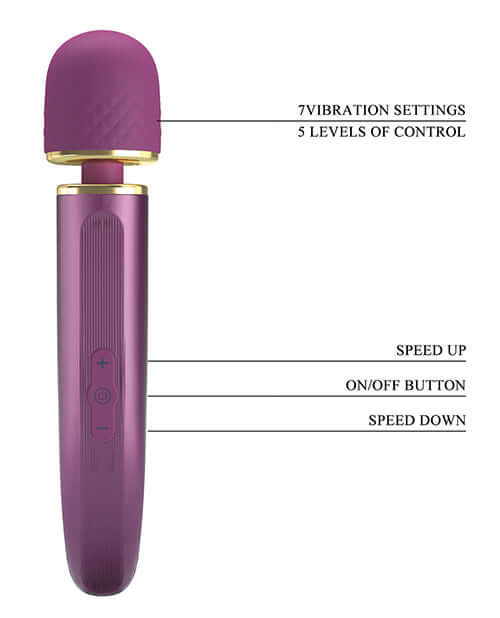 Pretty Love Colorful Wand Massager showing 7 vibration settings and control buttons for customizable pleasure.