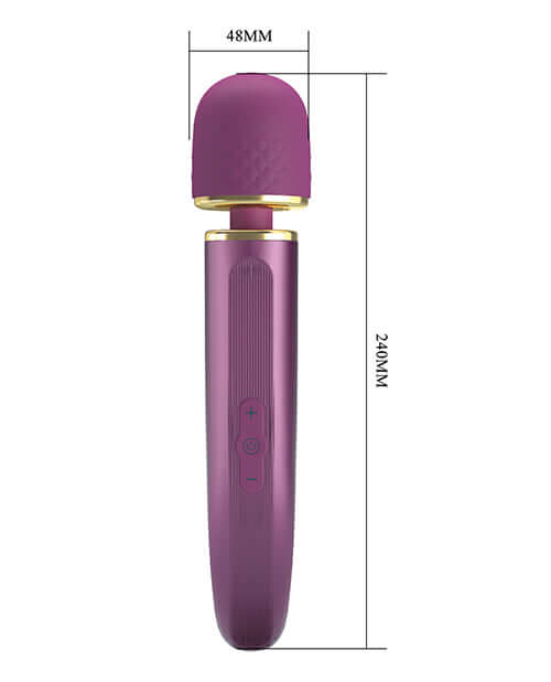 Pretty Love Colorful Wand Massager showing ergonomic design and multi-speed settings with dimensions.
