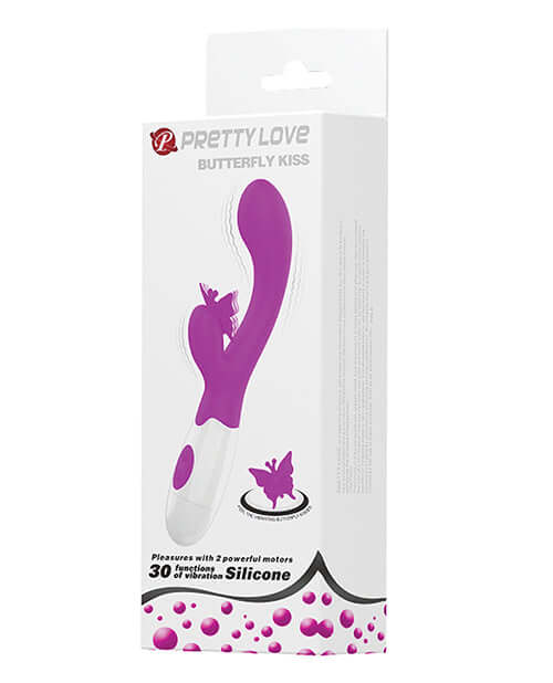 Pretty Love Butterfly Kiss Rabbit Fuchsia vibrator packaging featuring two powerful motors and 30 vibration modes.