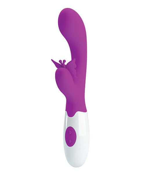 Pretty Love Butterfly Kiss Rabbit Fuchsia vibrator with butterfly clitoral stimulation in vibrant purple.