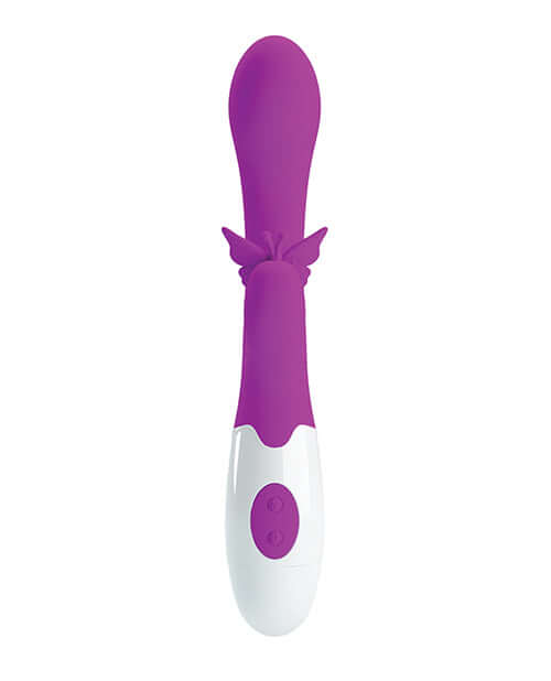 Pretty Love Butterfly Kiss Rabbit Fuchsia vibrator with butterfly design and controls, ideal for stimulation.