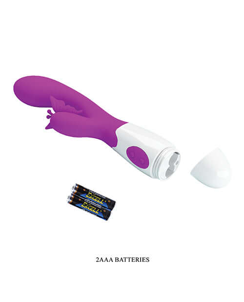 Pretty Love Butterfly Kiss Rabbit Fuchsia vibrator with clitoral stimulation and batteries.