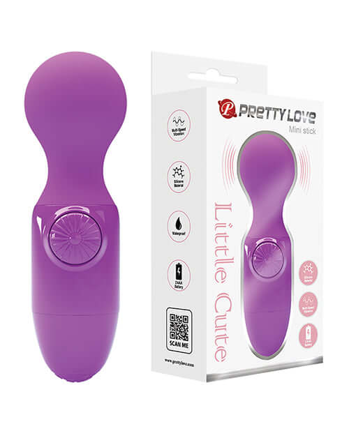 Pretty Love Little Cute Mini Stick Massager Purple shown with packaging, perfect for on-the-go pleasure.