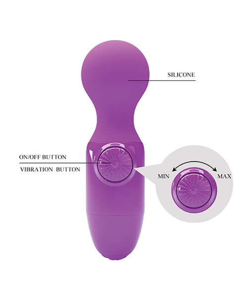 Pretty Love Little Cute Mini Stick Massager Purple with silicone design, on/off and vibration control buttons.