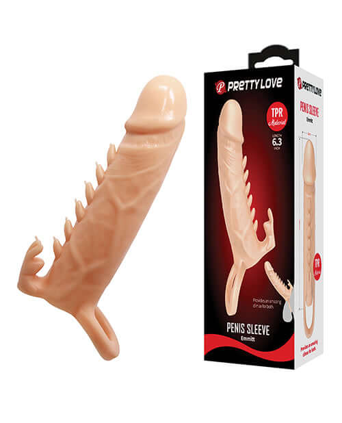 Pretty Love Emmitt 6.3 Inch Penis Sleeve Ivory displayed with packaging.