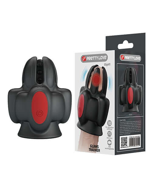 Pretty Love Wyatt Glans Trainer Black male sex toy with USB rechargeable feature and 10 vibration modes.