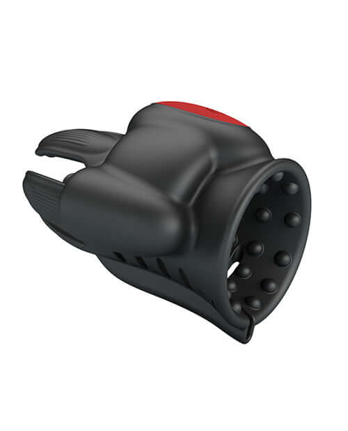 Pretty Love Wyatt Glans Trainer Black, a USB-rechargeable male sex toy with grooves and flexible panels.